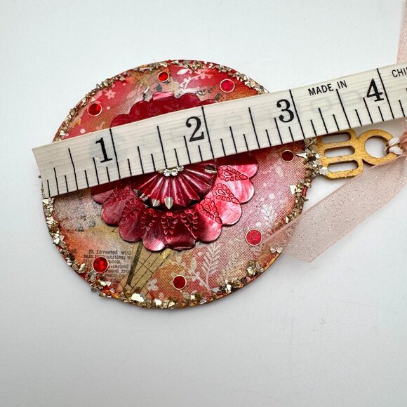 Handcrafted OOAK Red Medallion Ornament With Collage Design Floral Embellishment - Picture 7 of 10